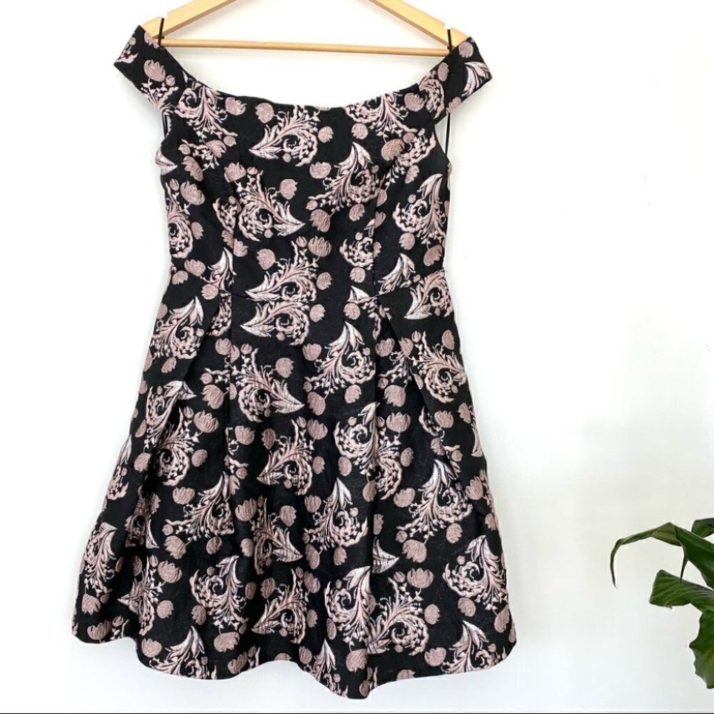 Francesca’s fit and flare, off-shoulder cocktail dress, mini length